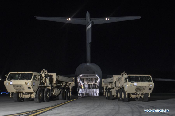 Photo taken on March 6, 2017 shows a part of equipments for Terminal High Altitude Area Defense (THAAD) arriving in the Osan Air Base, about 70 km south of the capital Seoul, South Korea. The photo was provided by the U.S. Forces Korea (USFK). (Xinhua/USFK)
