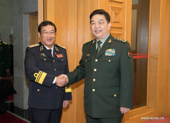 Chinese State Councilor and Defense Minister Chang Wanquan (R) meets with Pham Hoai Nam, commander of the Vietnam People's Navy, in Beijing, capital of China, March 15, 2017. (Xinhua/Ju Zhenhua)