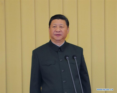 Chinese President Xi Jinping, who is also general secretary of the Communist Party of China Central Committee and chairman of the Central Military Commission, speaks at a meeting with chief military officers of newly adjusted or established corps-level military units in Beijing, capital of China, April 18, 2017. (Xinhua/Li Gang)