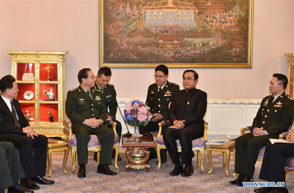 Thai Prime Minister Prayut Chan-o-cha (2nd R) meets with Fang Fenghui (2nd L), a member of China's Central Military Commission (CMC) and chief of the Joint Staff Department under the CMC, in Bangkok, capital of Thailand, on May 30, 2017. (Xinhua/Li Mangmang)
