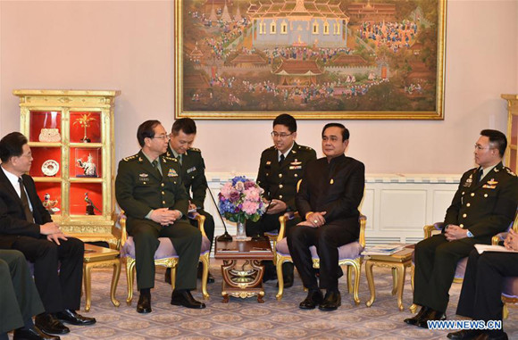 Thai Prime Minister Prayut Chan-o-cha (2nd R) meets with Fang Fenghui (2nd L), a member of China's Central Military Commission (CMC) and chief of the Joint Staff Department under the CMC, in Bangkok, capital of Thailand, on May 30, 2017. (Xinhua/Li Mangmang)