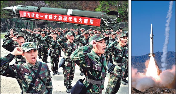 Left: Soldiers take an oath to defend the country. Feng Gensuo / For China Daily Right: The PLA Rocket Force launches a ballistic missile. Song Yuangao / For China Daily