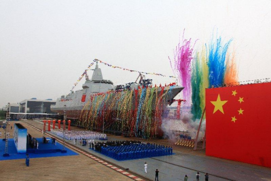 China's new 10,000-tonne guided-missile destroyer enters the water at Shanghai's Jiangnan Shipyard during a launching ceremony on the morning of June 28, 2017. As China's new domestically-produced destroyer, it is equipped with latest air defense, anti-missile, anti-ship and anti-submarine weapon systems. (Photo/eng.chinamil.com.cn)