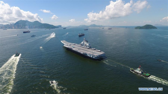 China's first aircraft carrier, the Liaoning, leaves after wrapping up a five-day visit to the Hong Kong Special Administrative Region (SAR), south China, July 11, 2017. (Xinhua/Zeng Tao)