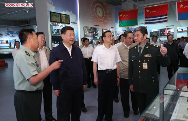 Chinese President Xi Jinping and other top Chinese leaders visit a major exhibition marking the 90th anniversary of the founding of the People's Liberation Army (PLA) at the Military Museum of the Chinese People's Revolution in Beijing, capital of China, July 21, 2017. Senior leaders Li Keqiang, Zhang Dejiang, Yu Zhengsheng, Liu Yunshan, Wang Qishan and Zhang Gaoli, also visited the exhibition. (Xinhua/Ma Zhancheng)