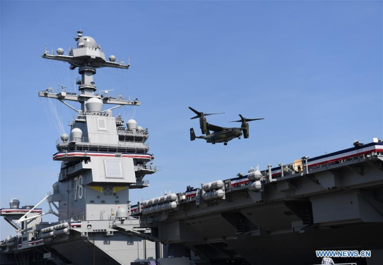 A U.S. Marines MV-22B Osprey lands on USS Gerald R. Ford for its commissioning ceremony at Naval Station Norfolk, Virginia, the United States, on July 22, 2017. (Xinhua/Yin Bogu)