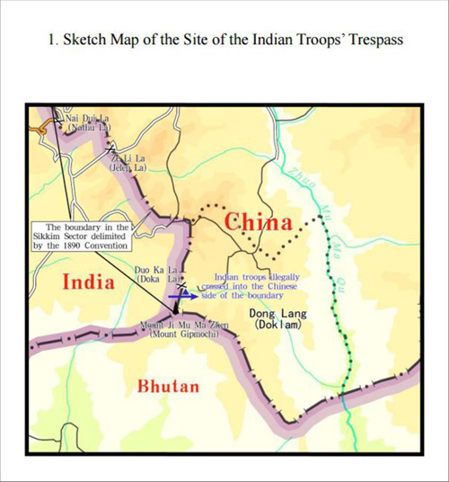 The graphics shows an appendix released in the document titled The Facts and China's Position Concerning the Indian Border Troops' Crossing of the China-India Boundary in the Sikkim Sector into the Chinese Territory. (Xinhua/Qu Zhendong)