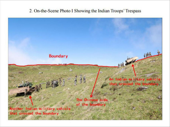 The graphics shows an appendix released in the document titled The Facts and China's Position Concerning the Indian Border Troops' Crossing of the China-India Boundary in the Sikkim Sector into the Chinese Territory. (Xinhua/Qu Zhendong)