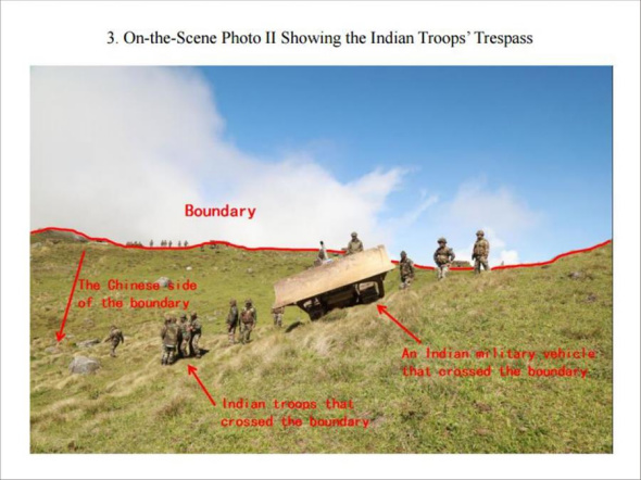 The graphics shows an appendix released in the document titled The Facts and China's Position Concerning the Indian Border Troops' Crossing of the China-India Boundary in the Sikkim Sector into the Chinese Territory. (Xinhua/Qu Zhendong)