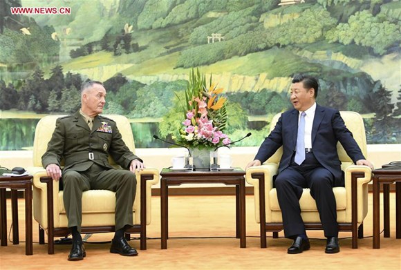 Chinese President Xi Jinping (R) meets with visiting Chairman of the U.S. Joint Chiefs of Staff Joseph Dunford at the Great Hall of the People in Beijing, capital of China, Aug. 17, 2017. (Xinhua/Li Xueren)