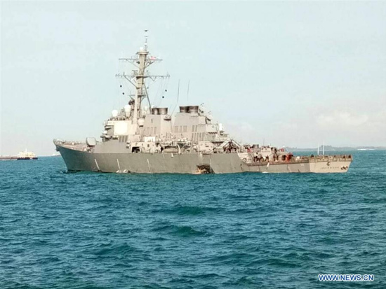 Photo provided by Malaysian Maritime Enforcement Agency on Aug. 21, 2017 shows the damaged U.S. navy destroyer John S. McCain. Malaysian authorities said Monday assets had been deployed to join the search and rescue operation after U.S. navy destroyer John S. McCain collided with a merchant vessel near the Strait of Malacca. (Xinhua)