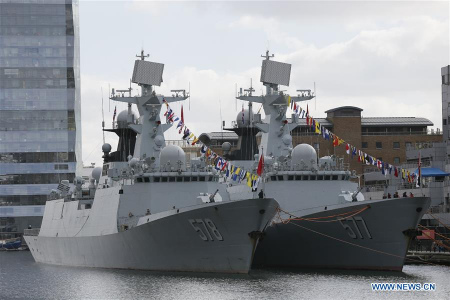 Chinese naval guided-missile frigates Huanggang (R) and Yangzhou are seen in London, Britain, on Oct. 3, 2017. China's 26th naval escort fleet arrived here Tuesday for a five-day friendly visit to Britain. This is the first time for Chinese naval ships to pay an official visit to the British capital city. (Xinhua/Tim Ireland)