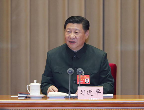 Xi Jinping, general secretary of the Communist Party of China (CPC) Central Committee, who is also Chinese president and chairman of the Central Military Commission, speaks when meeting senior military officers in Beijing, capital of China, Oct. 26, 2017. (Xinhua/Li Gang)