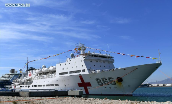 The Peace Ark, hospital ship of the Navy of the Chinese People's Liberation Army, is seen at Port Malaga, Spain, on Sept. 10, 2017.  (Xinhua/Guo Qiuda)