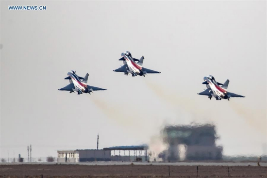 J-10 aerobatic fighter jets of the Chinese Air Force's August 1st Air Demonstration Team in China on November 5, 2017. /Photo via Xinhua