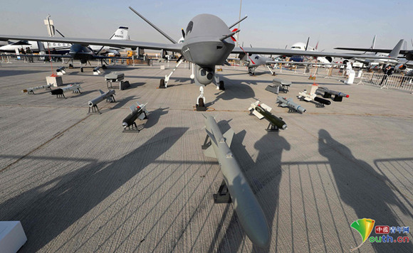 China's Wing Loong II is displayed at the Dubai Airshow 2017 in Dubai, the United Arab Emirates, on Nov. 12, 2017. (Photo/Youth.cn)