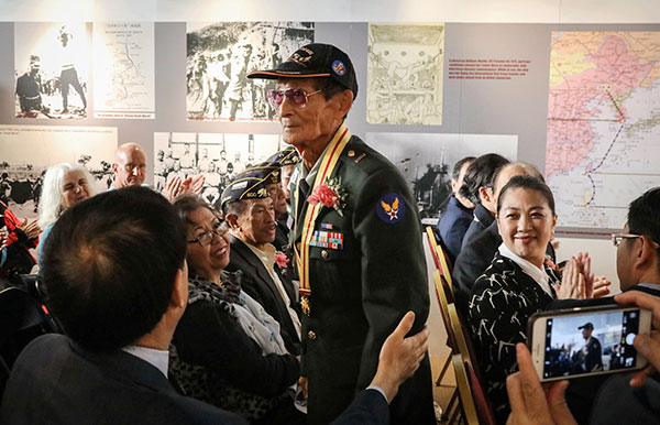 Jerry Chen, a member of the famed Flying Tigers, attends the opening ceremony of an exhibition in San Francisco on Japan's notorious Mukden POW camp for Allied prisoners in what is modern-day Shenyang, China, Nov. 21, 2017. (Photo: China News Service/Liu Dan)