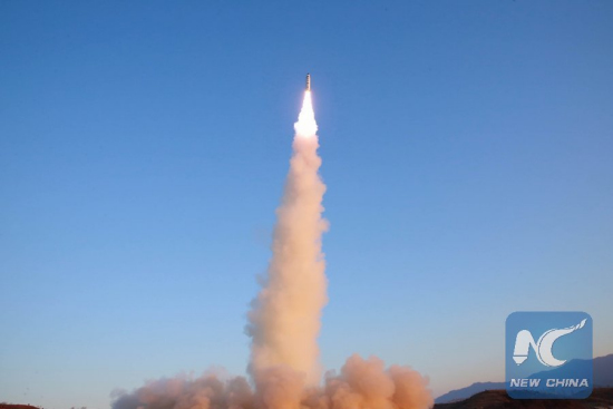 File photo provided by Korean Central News Agency (KCNA) on Feb. 13, 2017 shows a test firing of a surface-to-surface medium- and long-range ballistic missile Pukguksong-2 on Feb. 12, 2017. (Xinhua/KCNA)