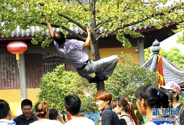 File photo of a tourist climbing up a tree. (Photo/Xinhua)