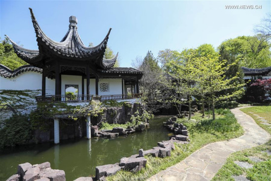 Photo taken on April 28, 2017 shows the scenery of the Chinese Scholar's Garden at the Snug Harbor on Staten Island, New York, the United States. (Xinhua/Wang Ying)