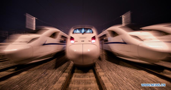 Bullet trains are seen in a station in Chengdu, southwest China's Sichuan Province, Dec. 1, 2017. High-speed trains linking Xi'an, capital of Shaanxi Province, and Chengdu, will begin operation on Dec. 6, authorities said Sunday. Tickets for the trains are available for purchase from 6 p.m. Sunday. (Xinhua/Xue Yubin)