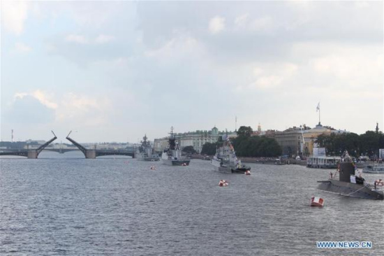 Warships participate in the celebration of the Navy Day on the Neva River in St. Petersburg, Russia, on July 31, 2016. The Navy Day is a national holiday in Russia that normally takes place on the last Sunday of July. (Photo/Xinhua)