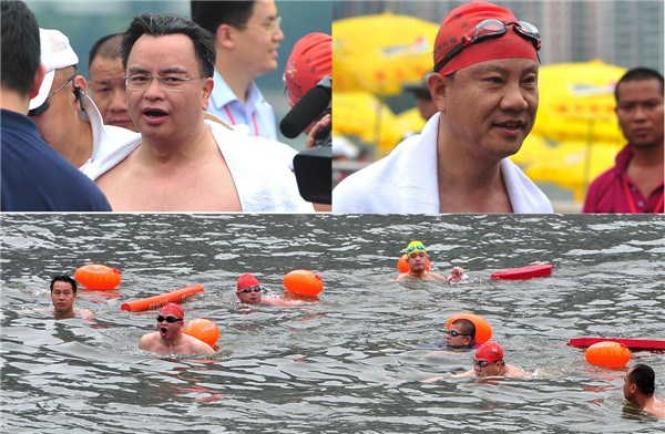Guangzhou Party chief Wan Qingliang (top left) and Mayor Chen Jianhua (top right) swim in the Pearl River to highlight the improvements in water quality in Guangdong province, July 23, 2013. The crossing of the Pearl River has been held for eight years and each year the city's senior officials take a plunge. It is an effective way to highlight measures to deal with pollution and improve water quality. In some other regions in the county, river pollution triggers soaring calls for leaders to swim in the river. [Photo/Xinhua]