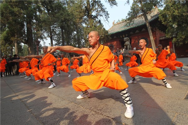 Students from Tagou Wushu School perform Shaolin kung fu at Shaolin Temple in Dengfeng, Central China's Henan province, Oct 13, 2013. [Photo by Niu Shupei/Asianewsphoto]
