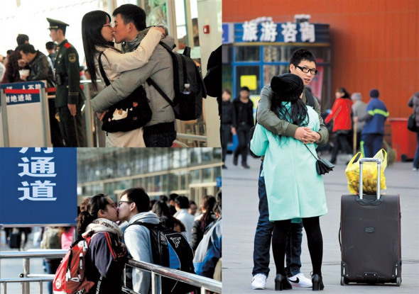 Lovebirds and young couple hug and kiss goodbye at Shanghai Railway Station at the start of the 40-day travel peak for the Spring Festival yesterday. The railway station has so far sold about 9.74 million tickets, with those bought online reaching 7.62 million, accounting for 78.5 percent. Authorities have predicted that more than 3.6 billion trips will be made nationwide.  Gao Jianping 