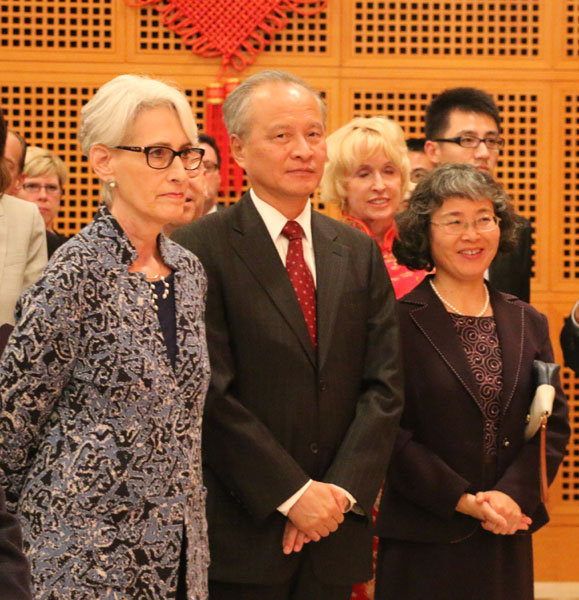 From left: US Under Secretary of State for Political Affairs Wendy Sherman, Chinese Ambassador to the US Cui Tiankai and his wife Ni Peijun at a reception in the Chinese embassy in Washington on Monday evening to mark the 65th anniversary of the founding of the People's Republic of China. Chen Weihua/China Daily