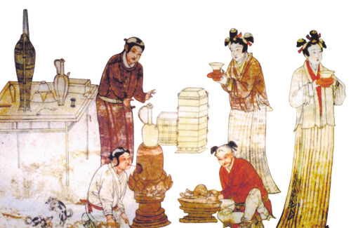 A piece of a wall painting from the Frescoes of Liao tomb shows a kitchen in ancient times. [File photo]