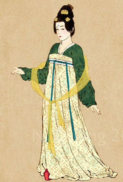 A painting shows the dress style of women in Tang Dynasty. [File photo]