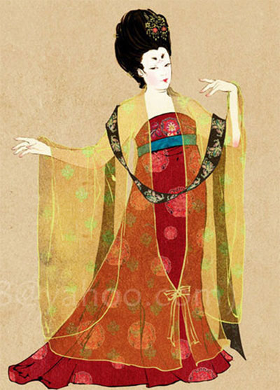 A painting shows the dress style of women in Tang Dynasty. [File photo]