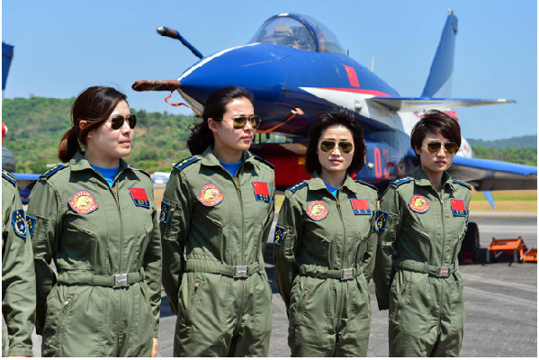 The four female pilots of the Bayi Aerobatic Team pose for a group photo in Langkawi, Malaysia on March 17.