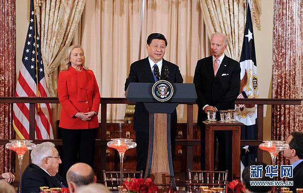 Visiting Chinese vice-president Xi Jinping speaks at a lunch reception joined by U.S. Vice-President Joe Biden and then U.S. Secretary of State Hillary Clinton in Washington on February 14, 2012. (Photo/Xinhua)