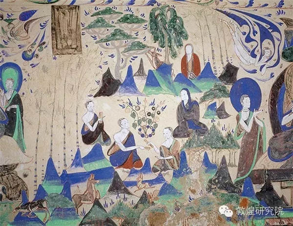 This portrays 500 heroes of the frost practising Buddhism peacefully in the forest. They were abused and their eyes gauged out by officers after they were defeated in the uprising, and then they met a Buddhist who helped them end their sufferings. (Photo/Dunhuang Research Academy)