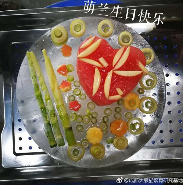 The ice cake for Meng Lan.The female panda at the Chengdu Research Base of Giant Panda Breeding in Southwest China's Sichuan province, celebrated her second birthday on July 4 by sharing an ice cake with other pandas. In May, she underwent an operation after suffering from a bone infection in her lower jaw. (Photo provided to China Daily)