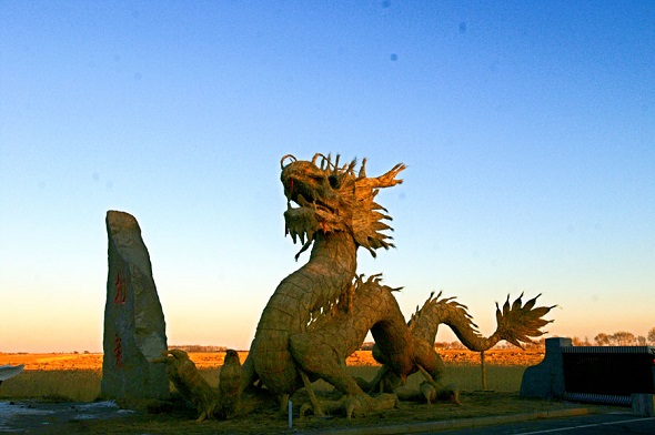 Pair of giant straw dragon sculptures built in NE China