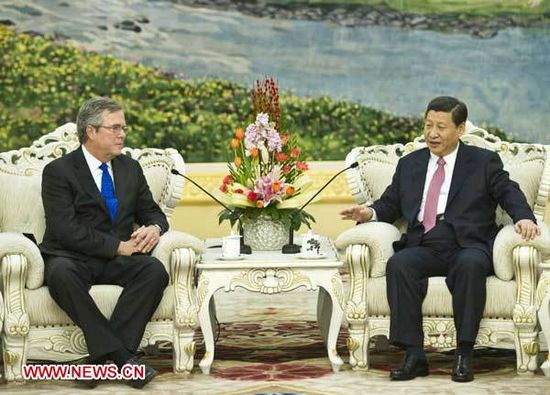 Chinese Vice President Xi Jinping (R) meets with Jeb Bush (L), former Governor of Florida, the United States, at the Great Hall of the People in Beijing, capital of China, Jan. 17, 2012. (Xinhua/Li Xueren)
