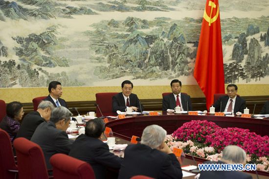 Chinese President Hu Jintao (3rd R) addresses a symposium with non-communist parties and personages to mark the Spring Festival in Beijing, Jan. 18.