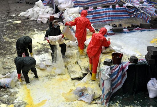 Armed police dump bags of alkali into water to dissolve the contamination at the Nuomitan waterpower plant in Liucheng county of Liuzhou city, Guangxi Zhuang autonomous region, Jan 27, 2012. (Xinhua)