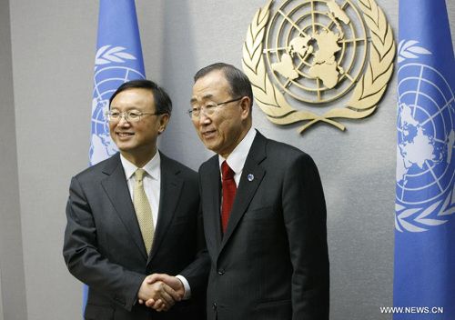 Chinese Foreign Minister Yang Jiechi (L) meets with United Nations Secretary-General Ban Ki-moon at the United Nations headquarters in New York on the sidelines of the 67th UN General Assembly, on Sept. 24, 2012. (Xinhua/Fang Zhe) 