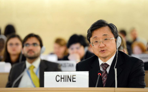 Liu Zhenmin, permanent representative of China to the United Nations Office at Geneva and Other International Organizations in Switzerland, makes the remarks in the high-level panel on the Vienna Declaration and Program of Action (VDPA) at the Human Rights Council's 22nd session in Geneva, Feb. 28, 2013. China called upon all parties to promote dialogue and cooperation in human rights on Monday as high-level officials commemorated the 20th anniversary of the adoption of the VDPA. (Xinhua/Wang Siwei) 