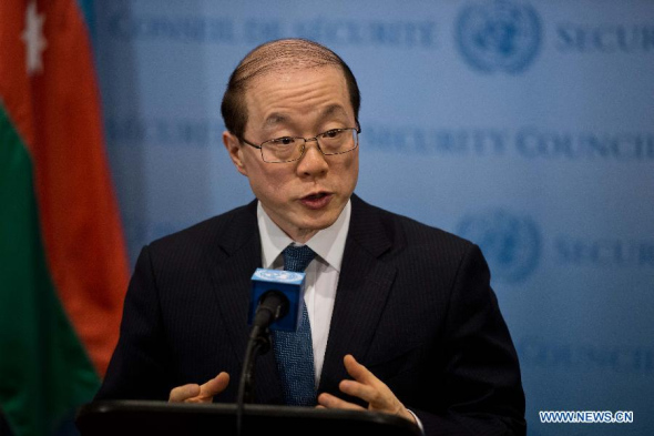 Liu Jieyi, the rotating UN Security Council president and China's permanent representative to the UN, speaks to the media at the UN headquarters in New York, on November 6, 2013. China supports the enhancement of efforts by the government and other parties of the Democratic Republic of the Congo (DRC) to find a lasting, political solution to its crisis, the Chinese envoy said here Wednesday. (Xinhua/Niu Xiaolei)