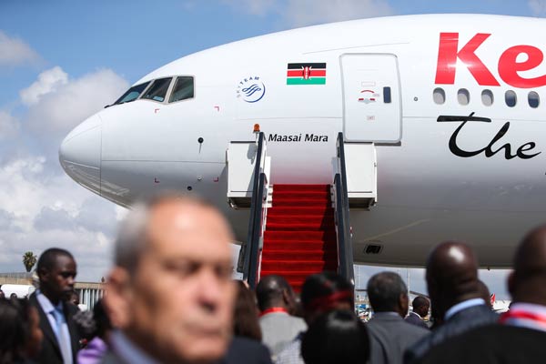 A Boeing 777-300ER aircraft waits at Jomo Kenyatta International Airport in November for the first direct flight by Kenya Airways from Nairobi to Guangzhou, the capital of Guangdong province. Meng Chenguang / Xinhua