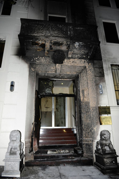 The front entrance of the Chinese consulate general in San Francisco was set on fire in an attack on Wednesday night. Chen Gang / China News Service