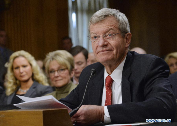 File photo taken on Jan. 28, 2014 shows US Senator Max Baucus testifying before the Senate Foreign Relations Committee on Capitol Hill in Washington D.C., capital of the United States.  (Xinhua/Zhang Jun)