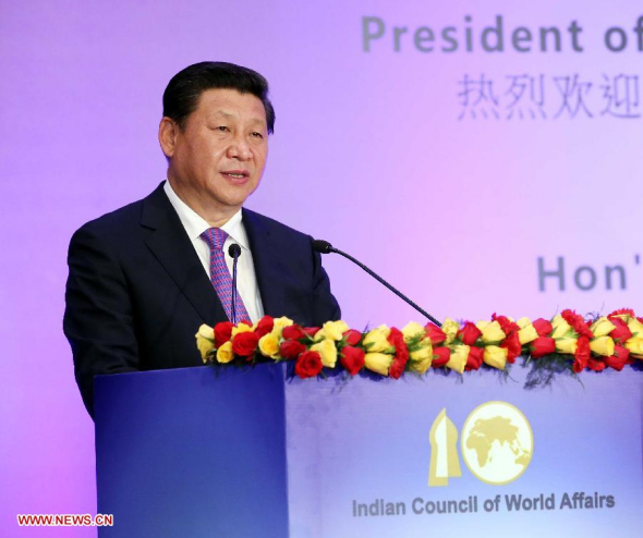 Chinese President Xi Jinping delivers a speech at the Indian Council of World Affairs in New Delhi, India, Sept 18, 2014. (Xinhua/Yao Dawei)