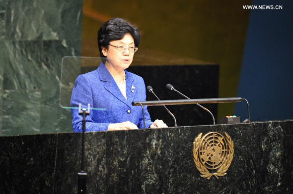Li Bin, minister in charge of the National Health and Family Planning Commission of China, speaks during a special session of the UN General Assembly on the follow-up to the Program of Action of the International Conference on Population and Development, at the UN headquarters in New York, on Sept 22, 2014. (Xinhua/Niu Xiaolei)