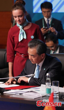China's Foreign Minister Wang Yi at an agreements signing ceremony at a meeting of the Council of Foreign Ministers of the Shanghai Cooperation Organisation (SCO) member states, Moscow, Russia. June 3, 2015. (CNS photo/ Wang Xiujun)